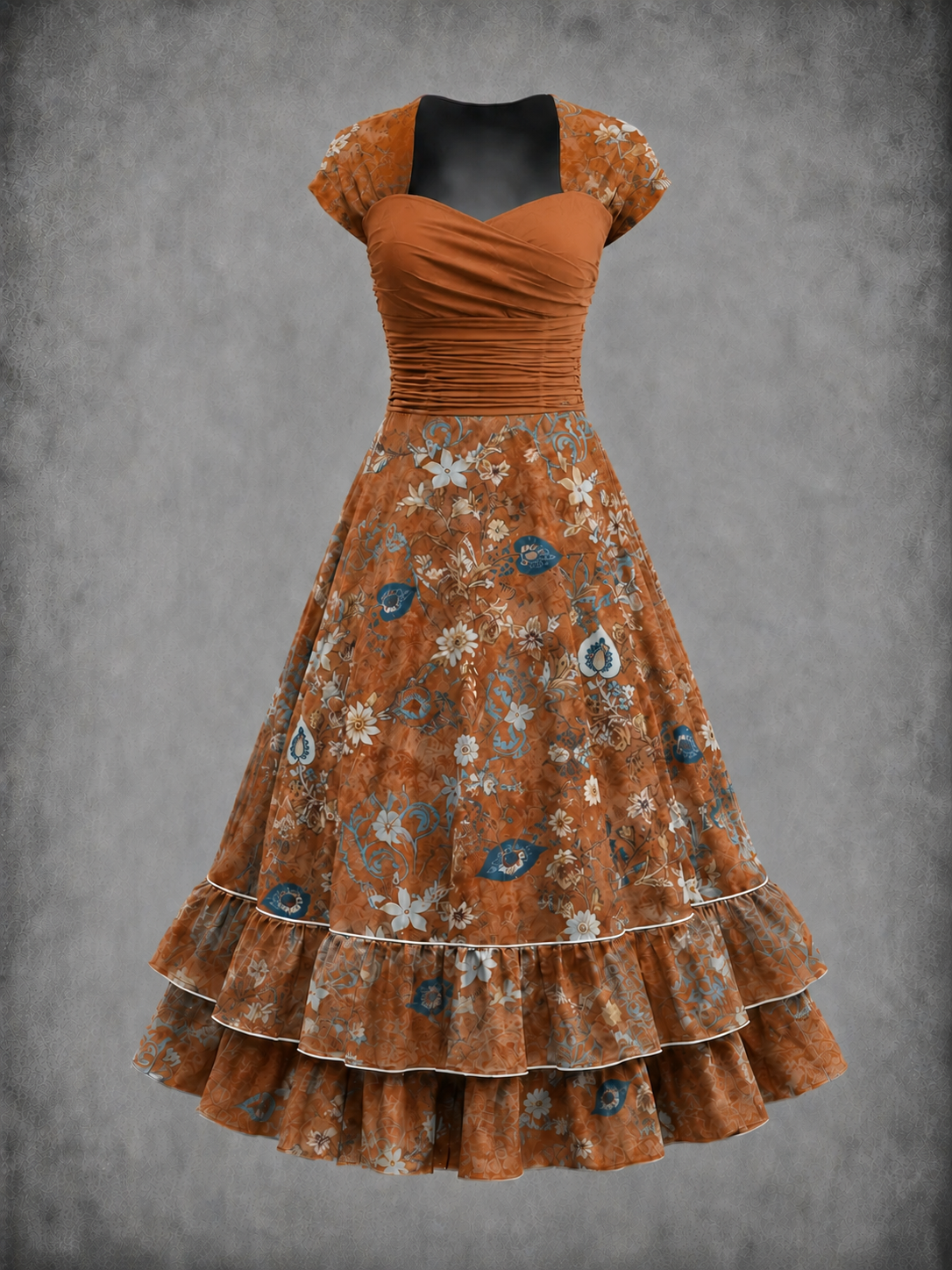 Floral Art Print Vintage Short Sleeve Midi Dress